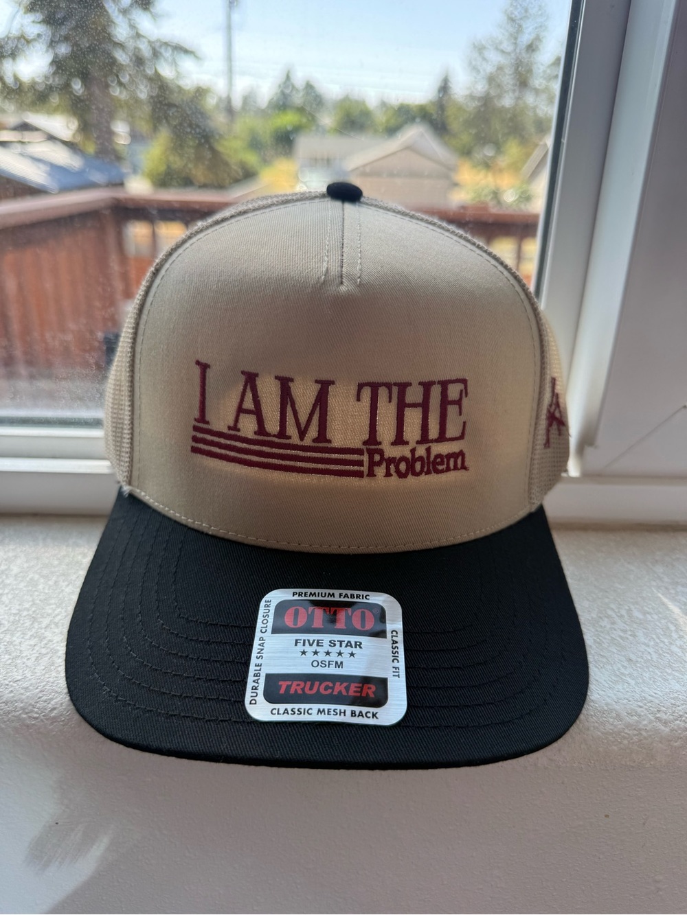 OTTO Beige and Black Trucker Hat with Burgundy Embroidery